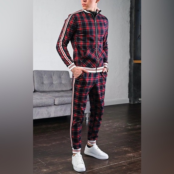 Red Wine Colored Lattice Print Slim Fit Track Suit - Picture 3 of 4